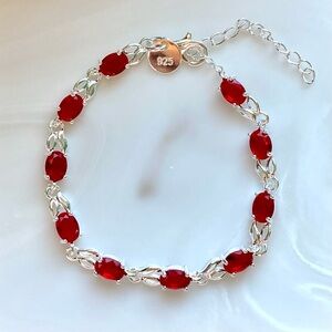 Sterling Silver Red Oval Gemstone Bracelet